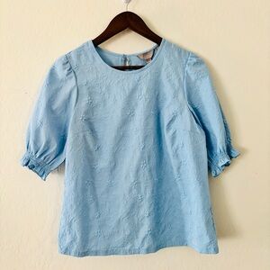 Ted Baker Light‎ Blue Textured Floral Blouse Size Small Puff Sleeve Top Women’s